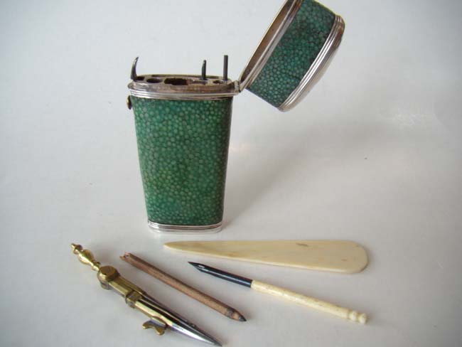 A fine small 18th century silver mounted green shagreen cased Navigational or Drawing set circa 1770